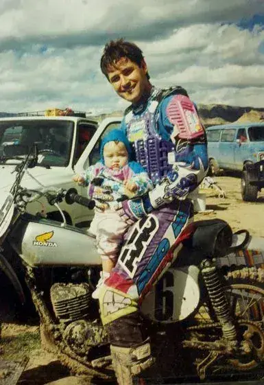 Young Sabré Cook with her father at a karting event in Colorado, where her racing journey began at age 8